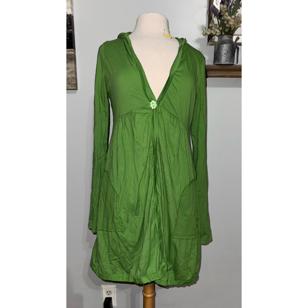 Coin 1804 green single crystal style button cotton duster gathered‎ waist hooded